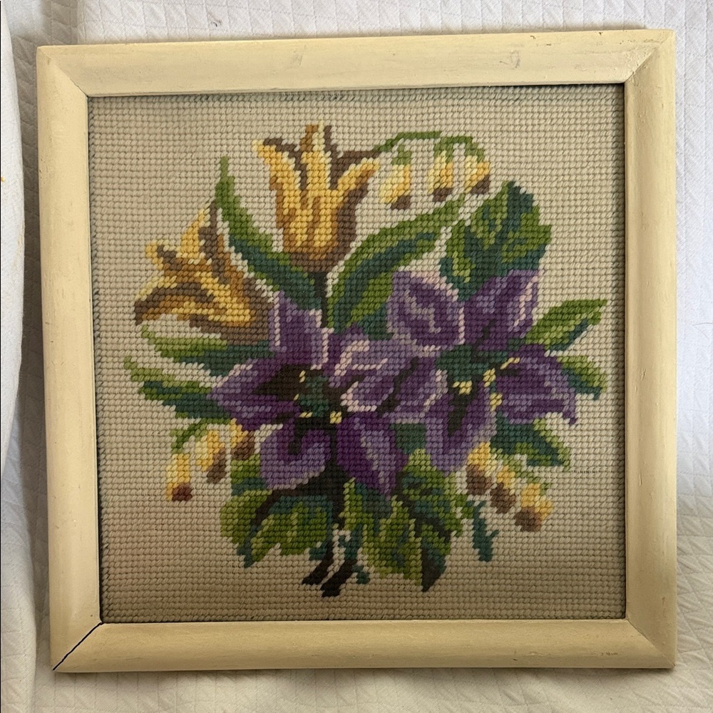 Vintage Floral Needlepoint Wall Art – Framed Hand-Stitched Bouquet 10.25”x10.25”